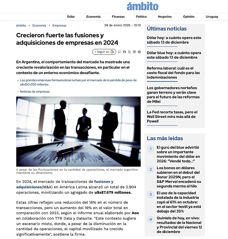 Crecieron fuerte las fusiones y adquisiciones de empresas en 2024